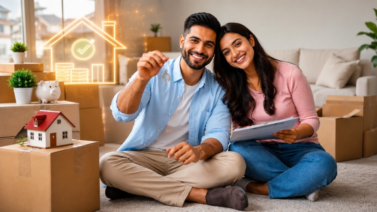 Happy homeowners receiving house keys